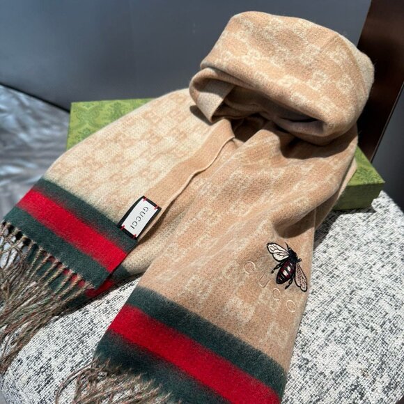 Gucci Beige Wool Scarf Bee Embroidery - Picture 1 of 5